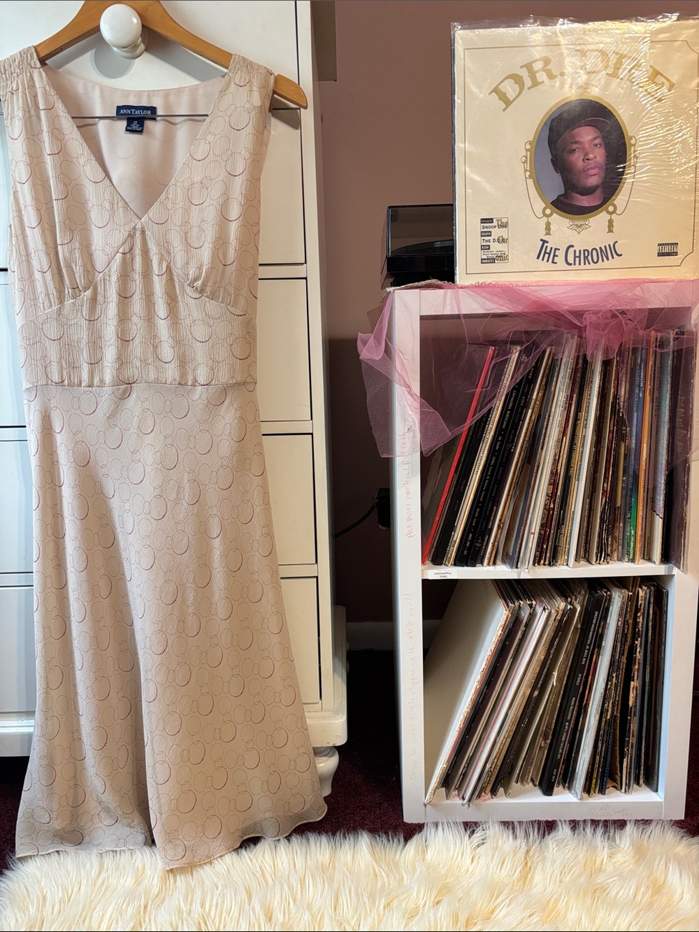 Vintage 90’s Silk Ann Taylor Y2K Tan Printed Dress Babydoll Prairie Midi 12 Cute